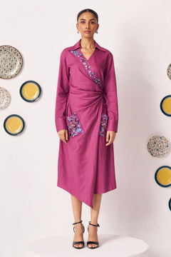 Neyona  Embroidered Wrap Dress with Patch Pockets