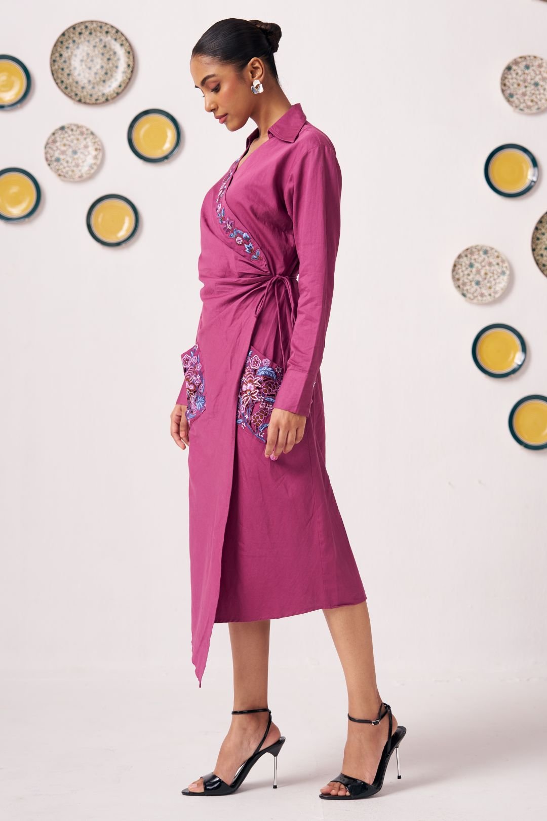 Neyona Embroidered Wrap Dress with Patch Pockets - Western Era Dresses for women