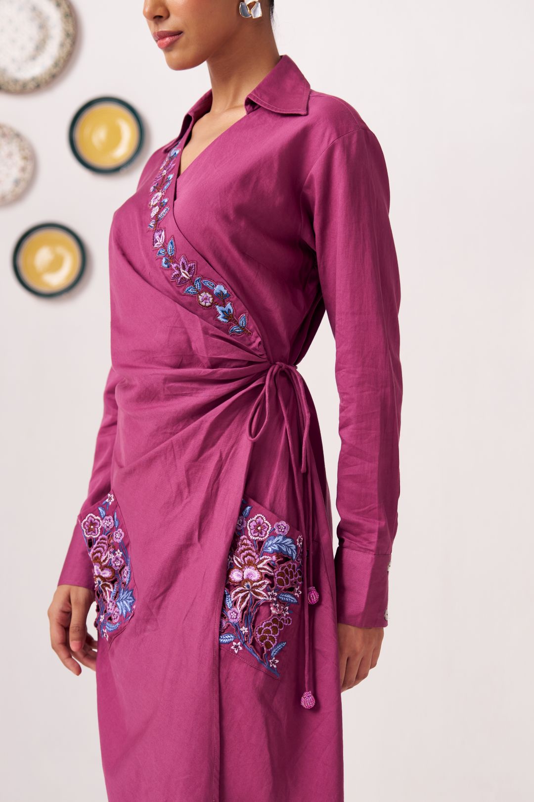 Neyona Embroidered Wrap Dress with Patch Pockets - Western Era Dresses for women