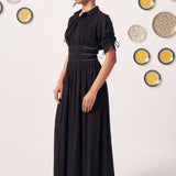 Noctis Black Pleated Maxi Dress with Waist Detail - Western Era Dresses for women
