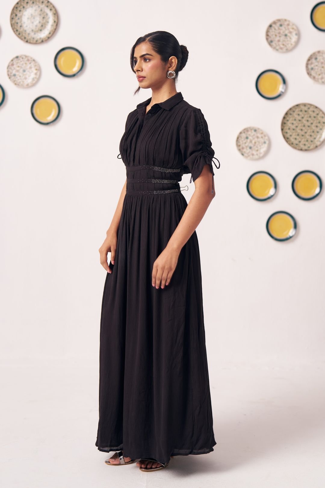 Noctis Black Pleated Maxi Dress with Waist Detail - Western Era Dresses for women