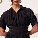 Noctis Black Pleated Maxi Dress with Waist Detail - Western Era Dresses for women