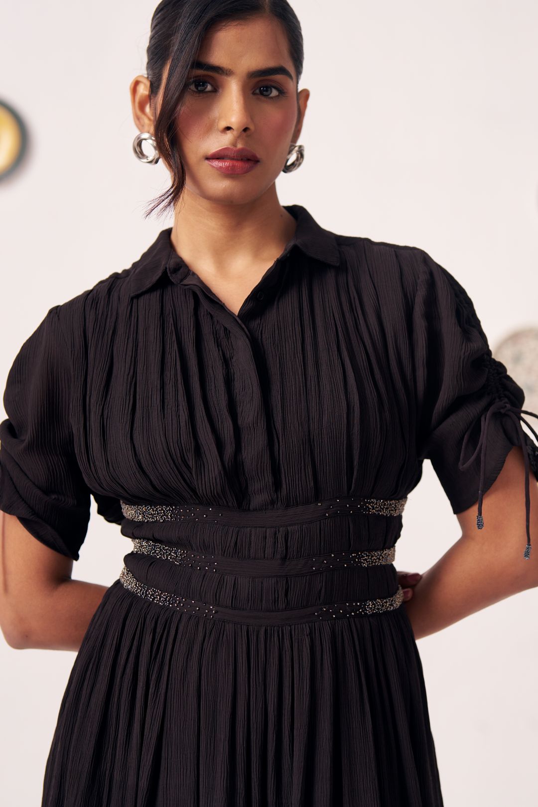 Noctis Black Pleated Maxi Dress with Waist Detail - Western Era Dresses for women