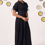 Noctis Black Pleated Maxi Dress with Waist Detail - Western Era Dresses for women