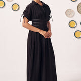 Noctis Black Pleated Maxi Dress with Waist Detail - Western Era Dresses for women