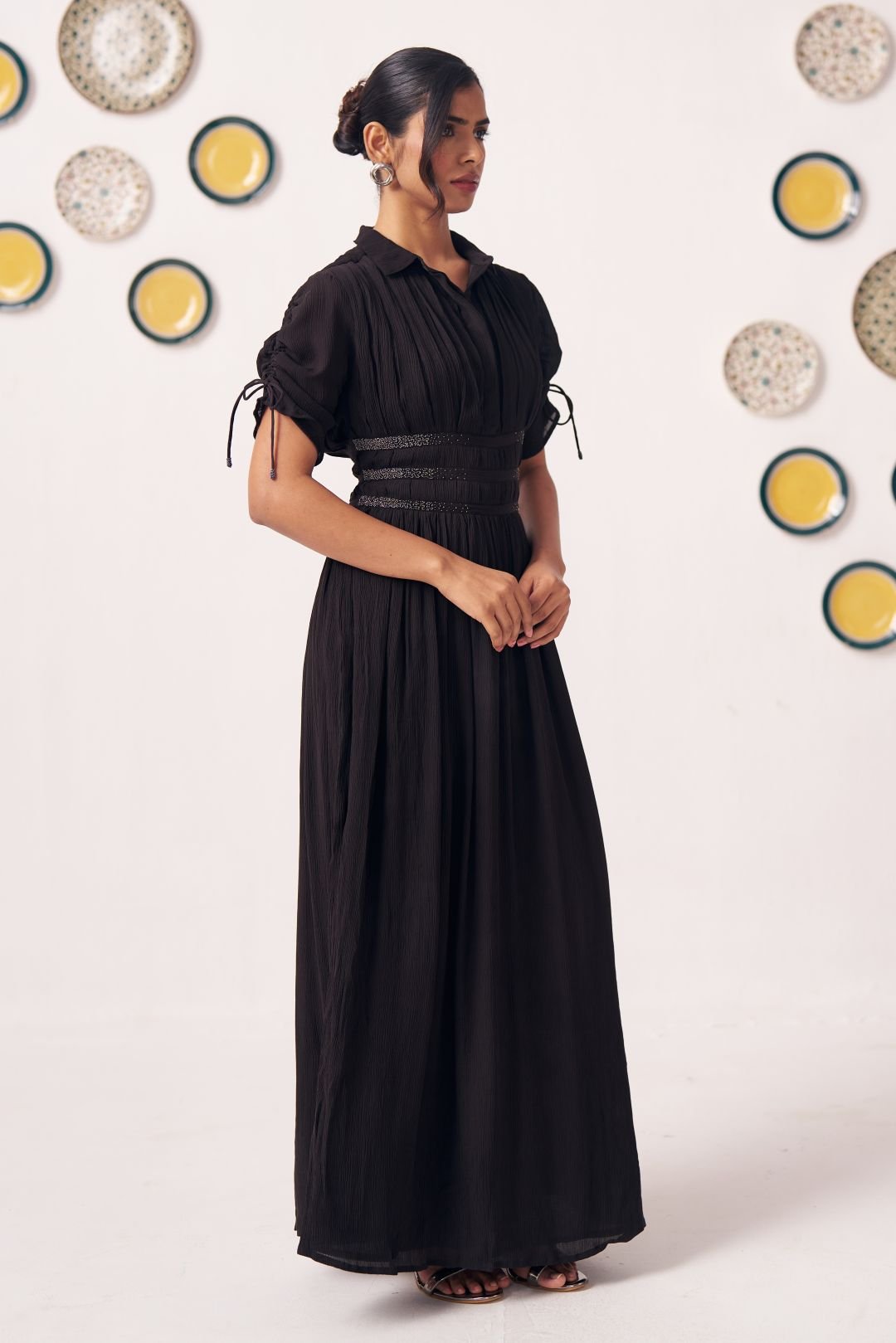 Noctis Black Pleated Maxi Dress with Waist Detail - Western Era Dresses for women