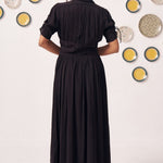 Noctis Black Pleated Maxi Dress with Waist Detail - Western Era Dresses for women