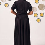 Noctis Black Pleated Maxi Dress with Waist Detail - Western Era Dresses for women