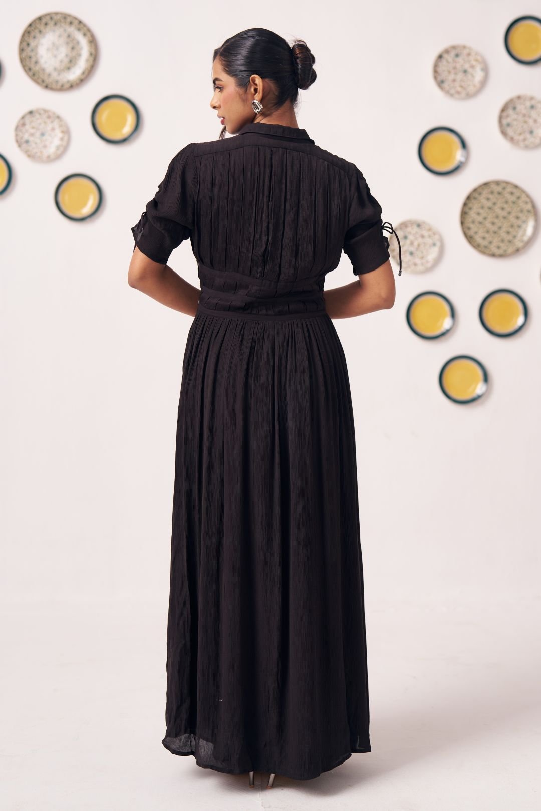 Noctis Black Pleated Maxi Dress with Waist Detail - Western Era Dresses for women