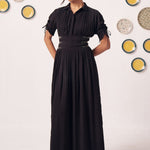 Noctis Black Pleated Maxi Dress with Waist Detail - Western Era Dresses for women
