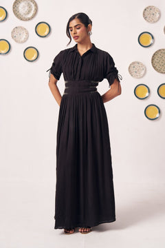 Noctis Black Pleated Maxi Dress with Waist Detail
