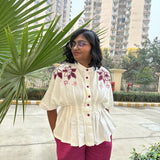 Off White Drop Shoulder Embroidered Top With Wine Straight Fit Trouser Cordset - Western Era Co - ord set for women