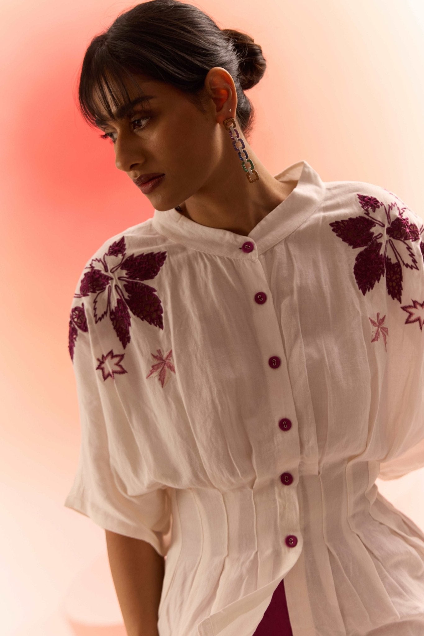 Off White Drop Shoulder Embroidered Top With Wine Straight Fit Trouser Cordset - Western Era Cordset for women