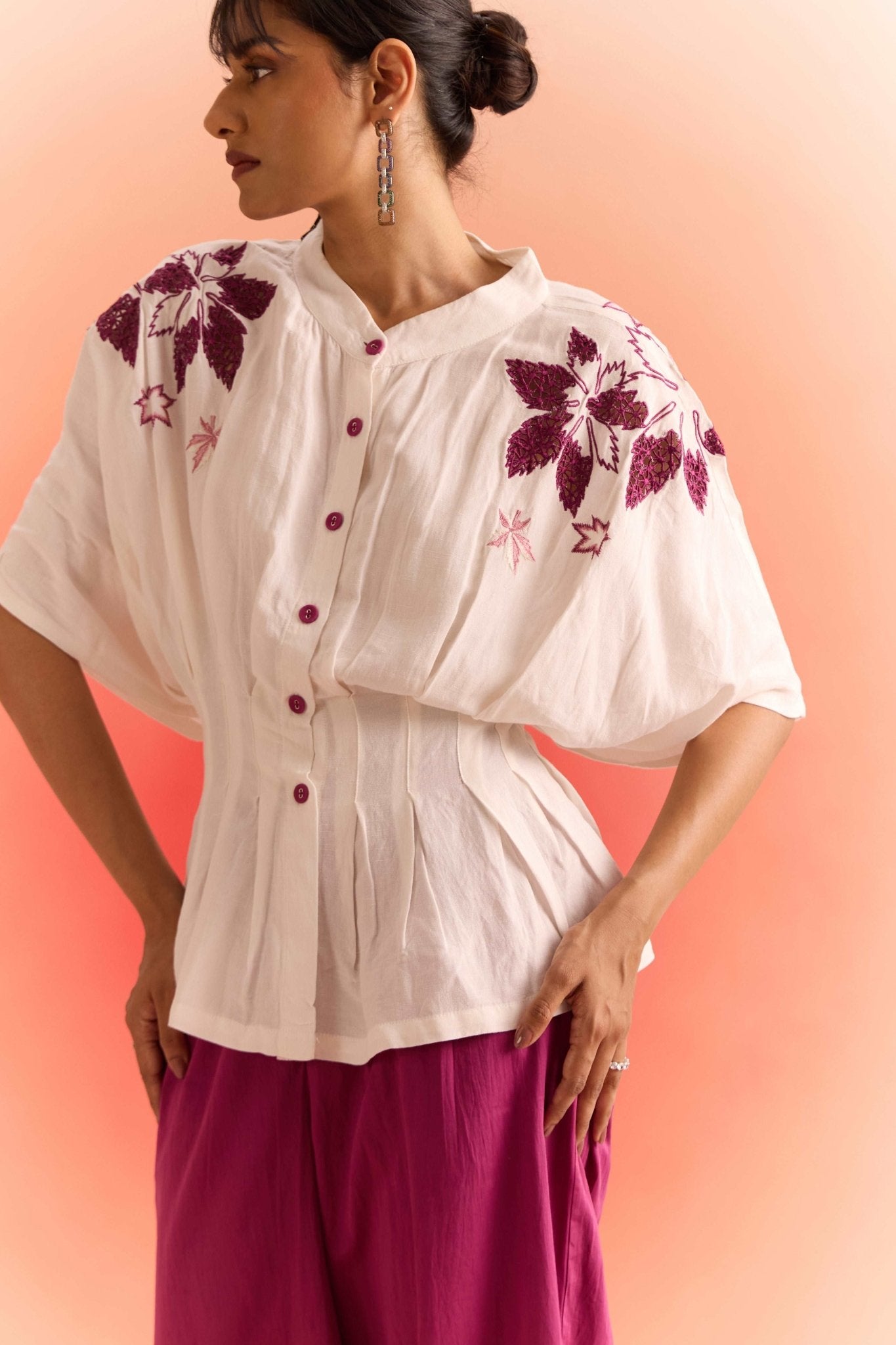 Off White Drop Shoulder Embroidered Top With Wine Straight Fit Trouser Cordset - Western Era Cordset for women