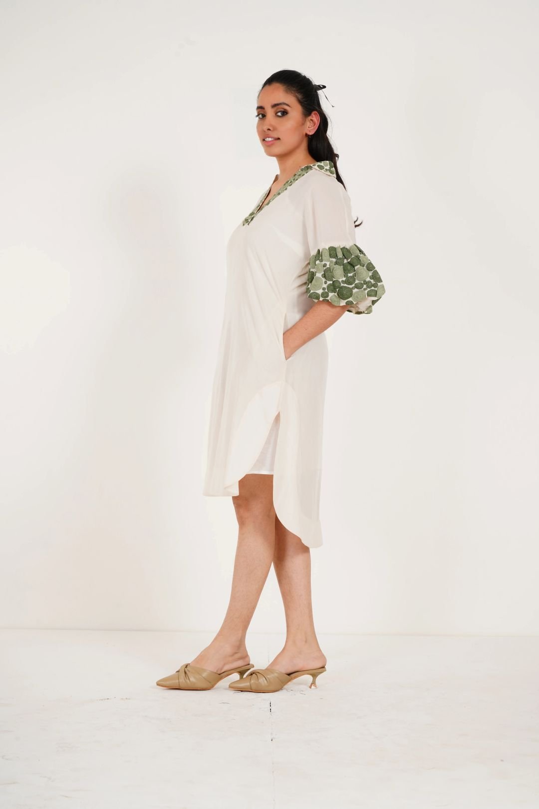 Off white Embroidered Balloon Sleeves and V - Neck Collar Long Dress With Spaghetti - Western Era Dresses for women