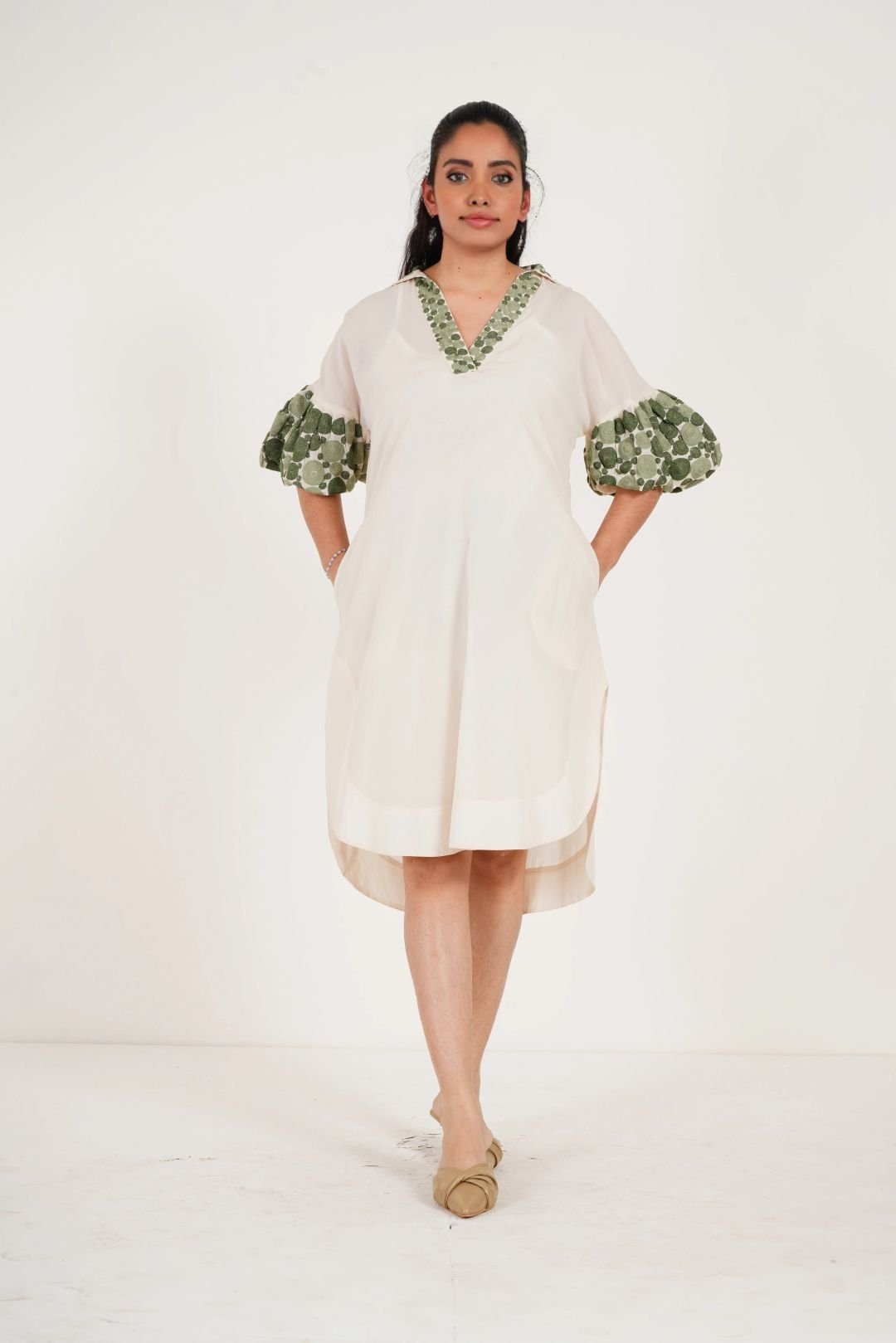 Off white Embroidered Balloon Sleeves and V - Neck Collar Long Dress With Spaghetti - Western Era Dresses for women