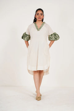 Off white Embroidered Balloon Sleeves and V-Neck Collar Long Dress With Spaghetti