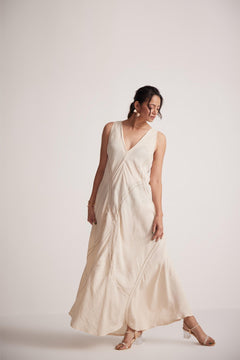 Off-White Event Wear Long Dress with Front Lace Embroidery and Pockets