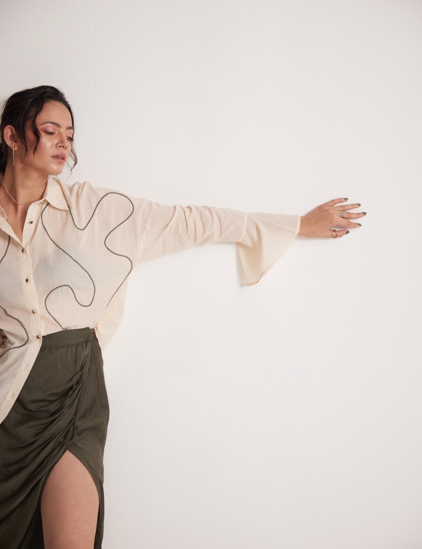 Off - White Oversized Cotton Shirt With Front Dori Embroidery - Western Era Tops for women