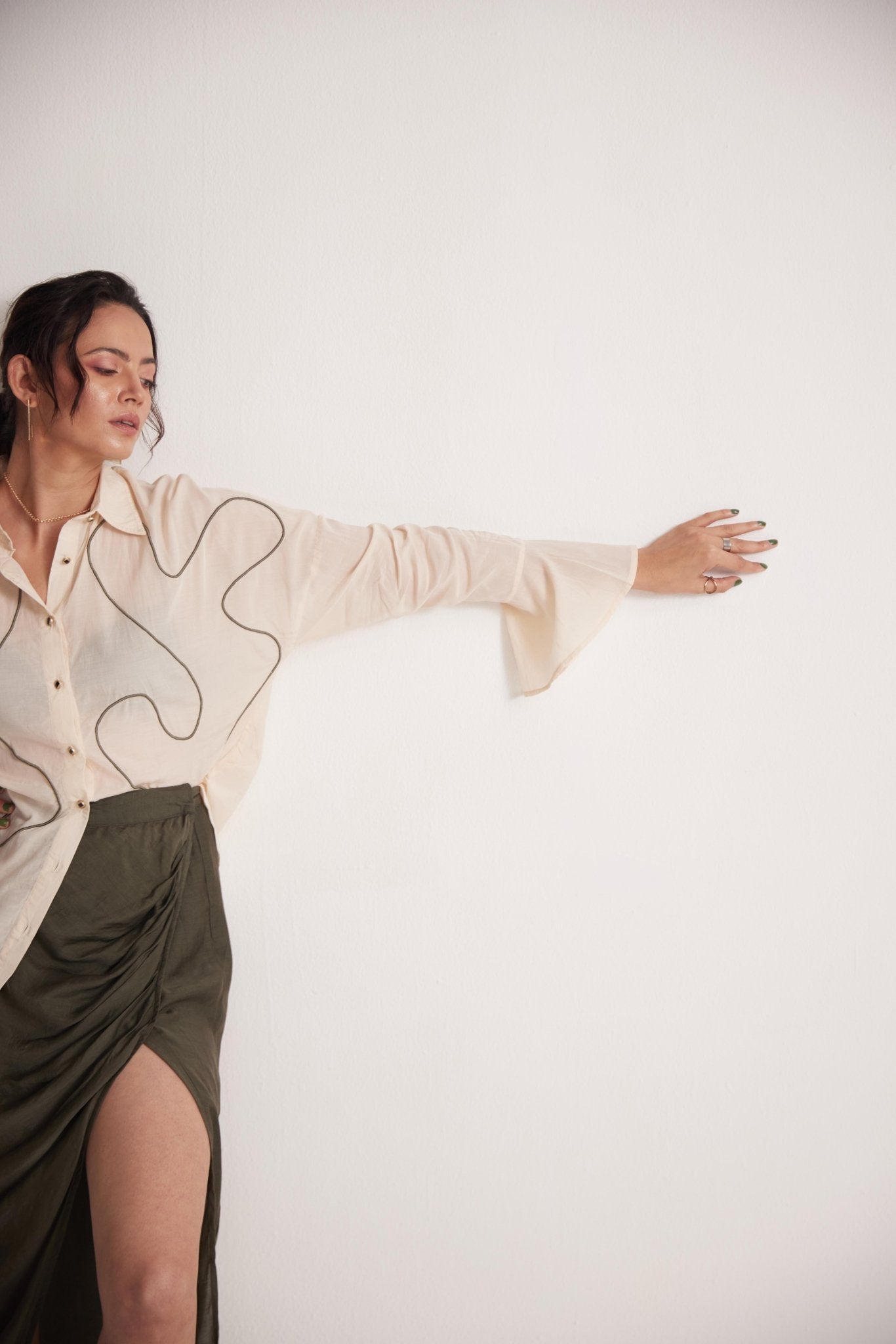 Off - White Oversized Cotton Shirt With Front Dori Embroidery - Western Era Tops for women