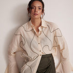 Off - White Oversized Cotton Shirt With Front Dori Embroidery - Western Era Tops for women