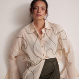 Off - White Oversized Cotton Shirt With Front Dori Embroidery - Western Era Tops for women