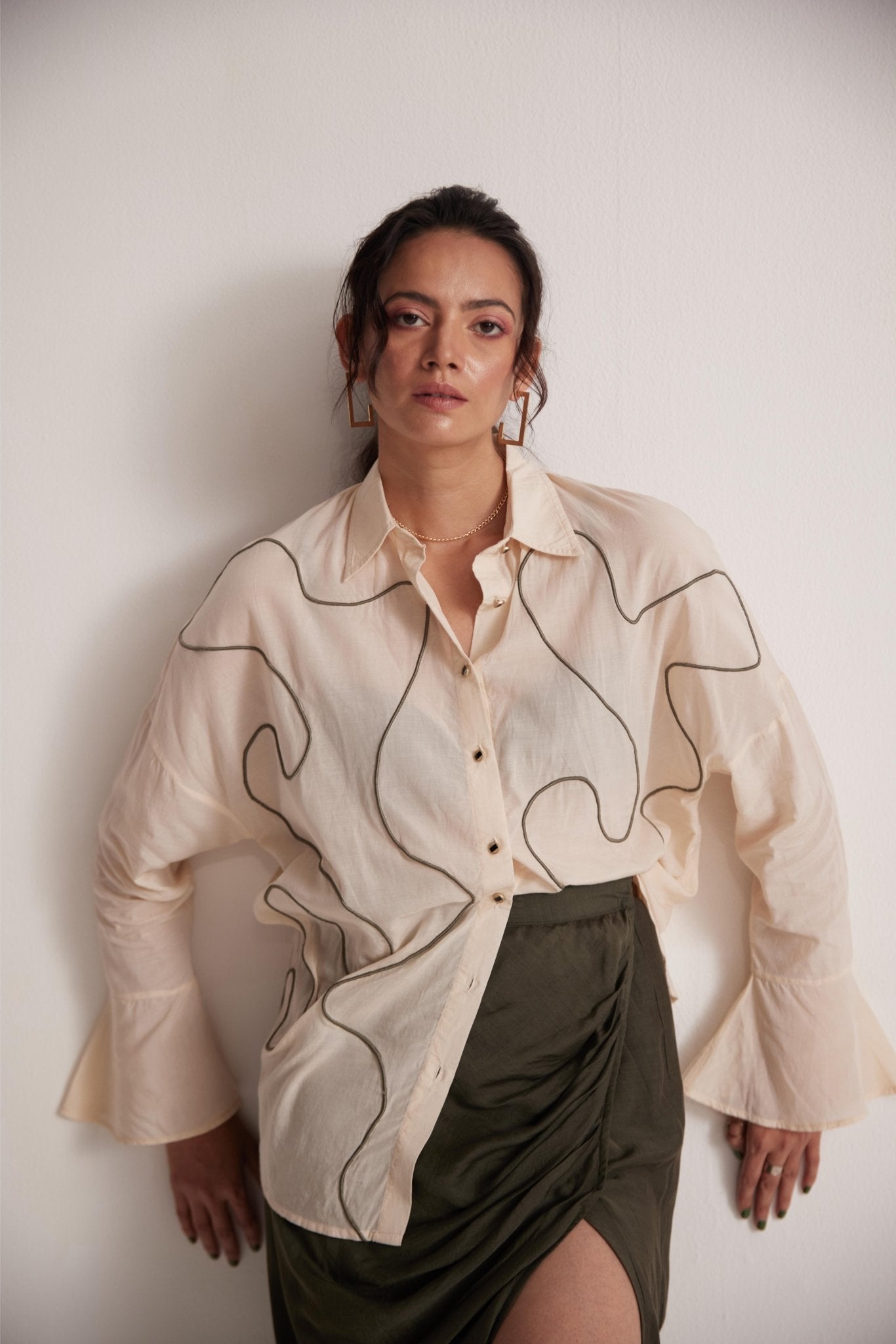 Off - White Oversized Cotton Shirt With Front Dori Embroidery - Western Era Tops for women