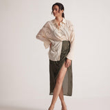 Off - White Oversized Cotton Shirt With Front Dori Embroidery - Western Era Tops for women