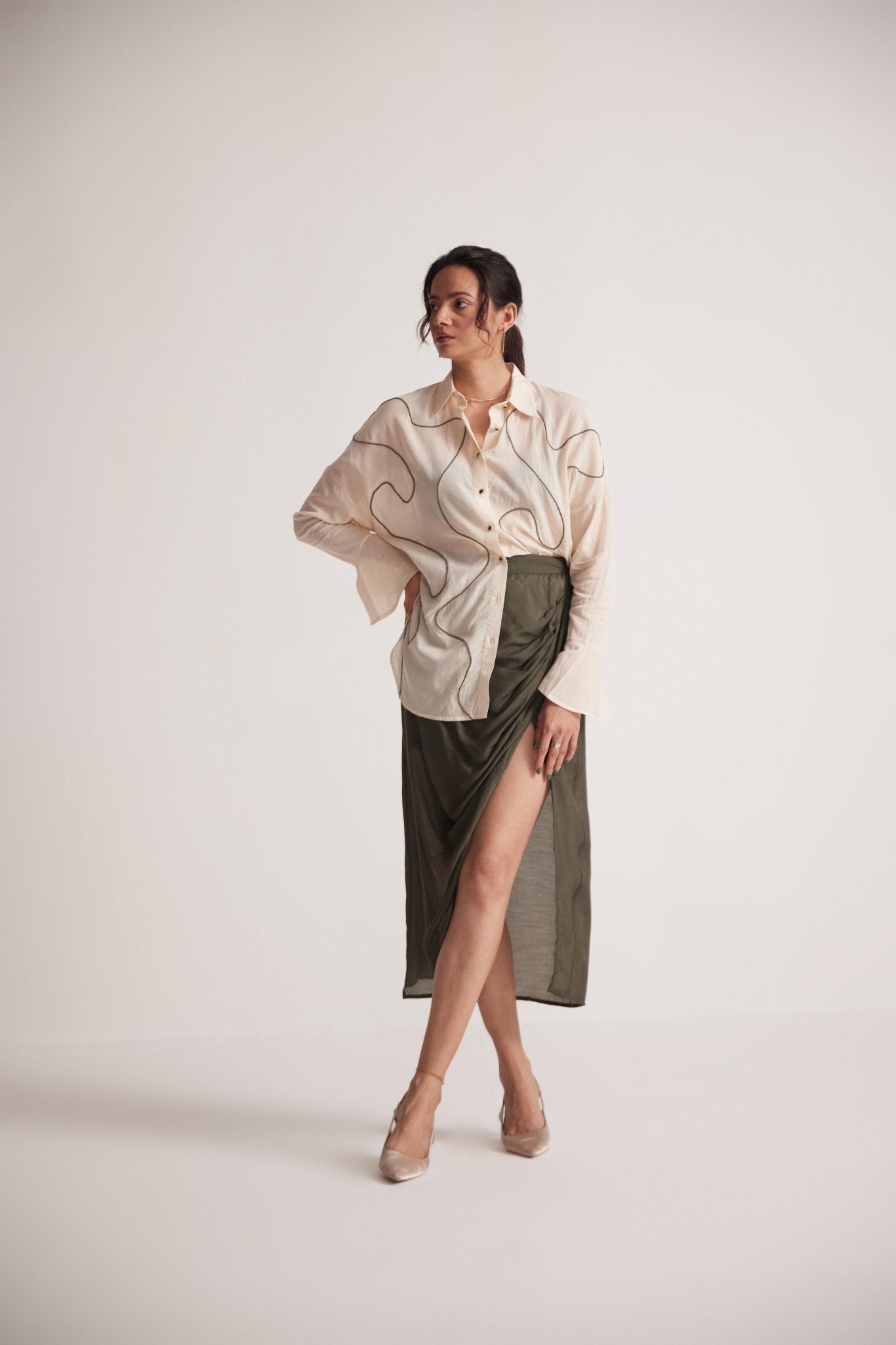 Off - White Oversized Cotton Shirt With Front Dori Embroidery - Western Era Tops for women