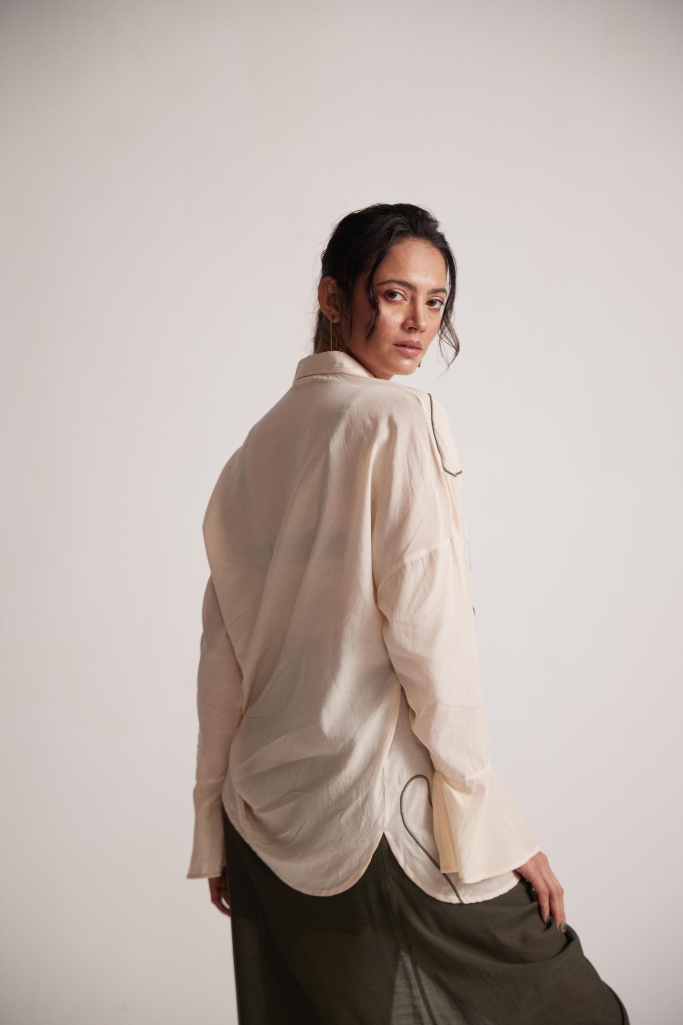 Off - White Oversized Cotton Shirt With Front Dori Embroidery - Western Era Tops for women