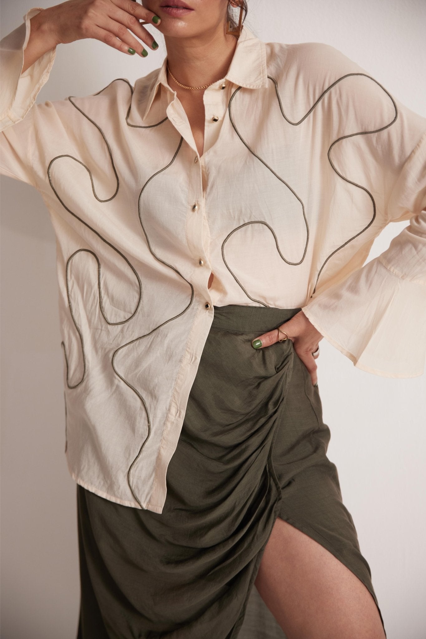 Off - White Oversized Cotton Shirt With Front Dori Embroidery - Western Era Tops for women