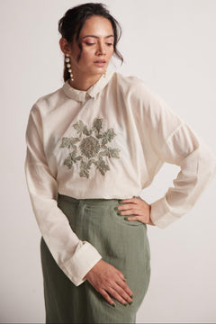 Off - White Top With Front Patch Zari Work Mandala Embroidery - Western Era Embroidery for women