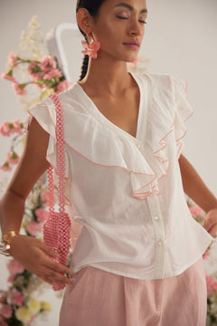 Off White V-Neck Scalloped Frill Top