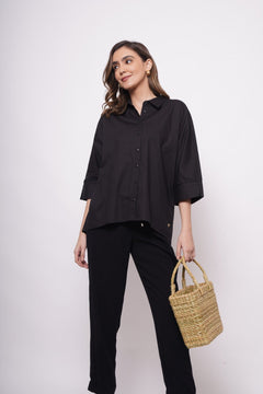 Office Wear Oversized High Low Black Shirt