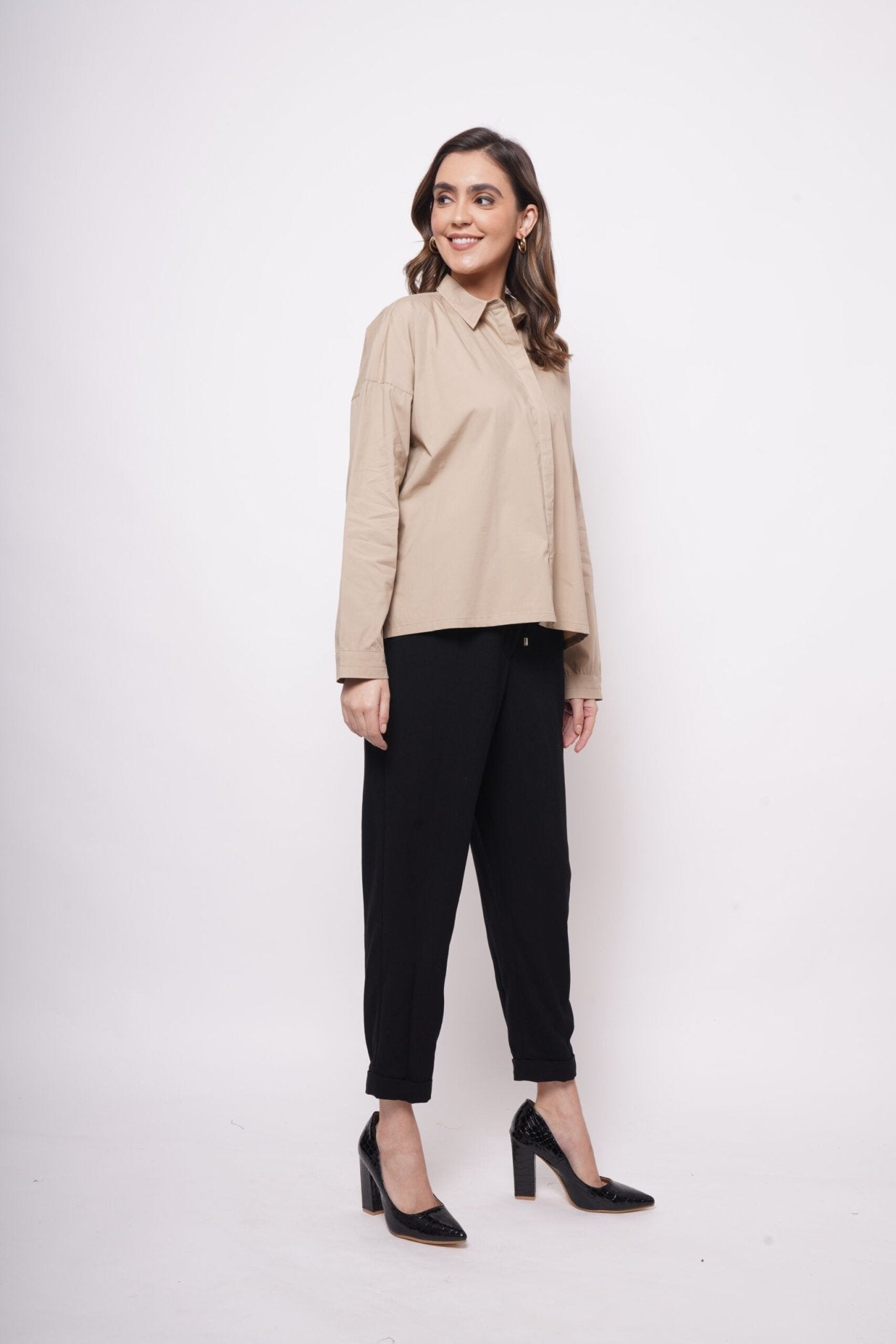 Office Wear Oversized High Low Brown Shirt - Western Era Tops for women
