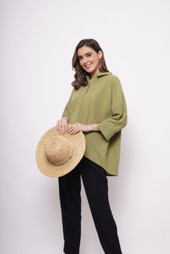 Office Wear Oversized High Low Green Shirt - Western Era Tops for women