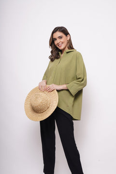 Office Wear Oversized High Low Green Shirt