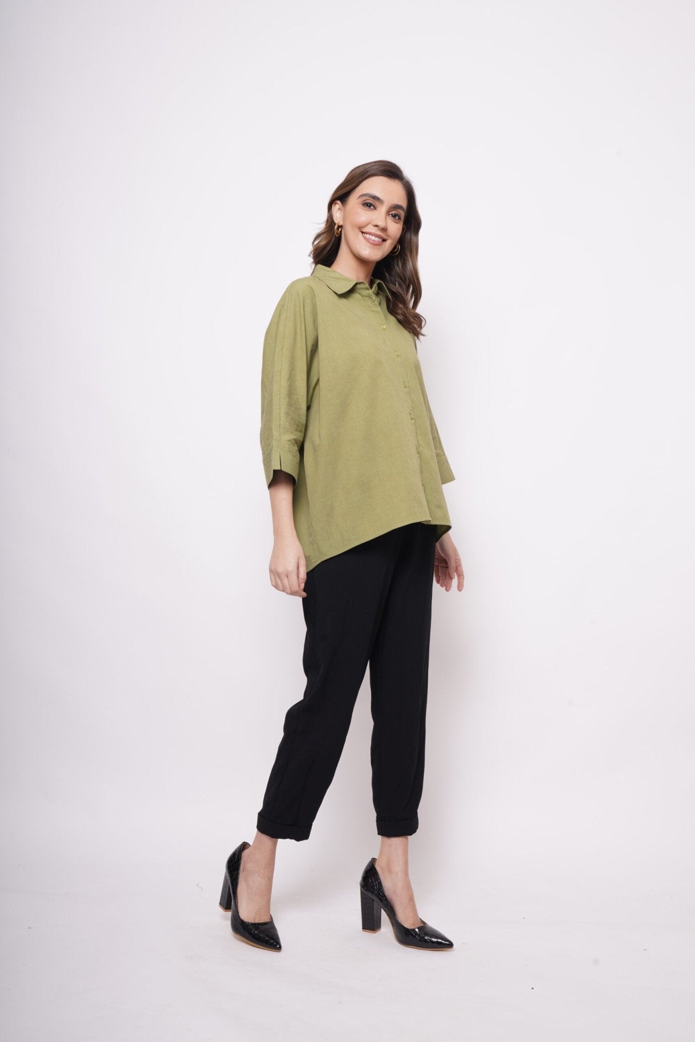 Office Wear Oversized High Low Green Shirt - Western Era Tops for women