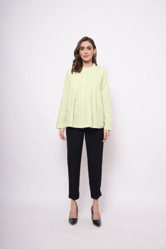 Office Wear Pin Tuck Linen Green Shirt