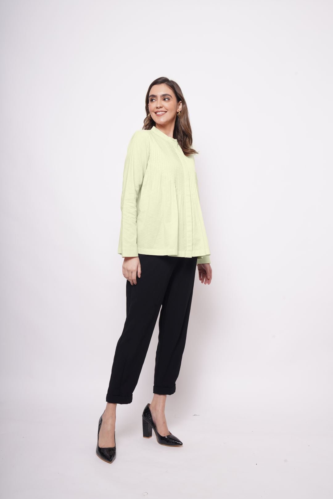 Office Wear Pin Tuck Linen Green Shirt - Western Era Tops for women