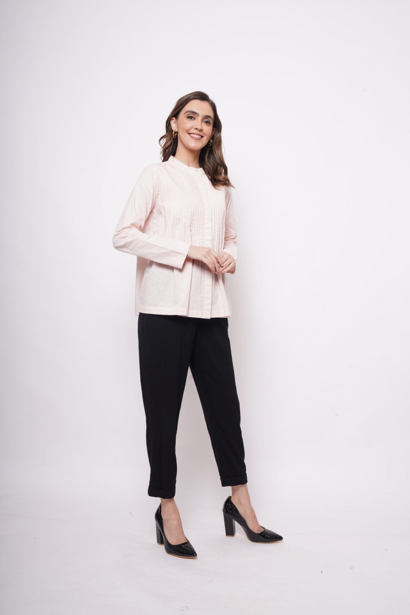 Office Wear Pin Tuck Linen Pink Shirt - Western Era Tops for women