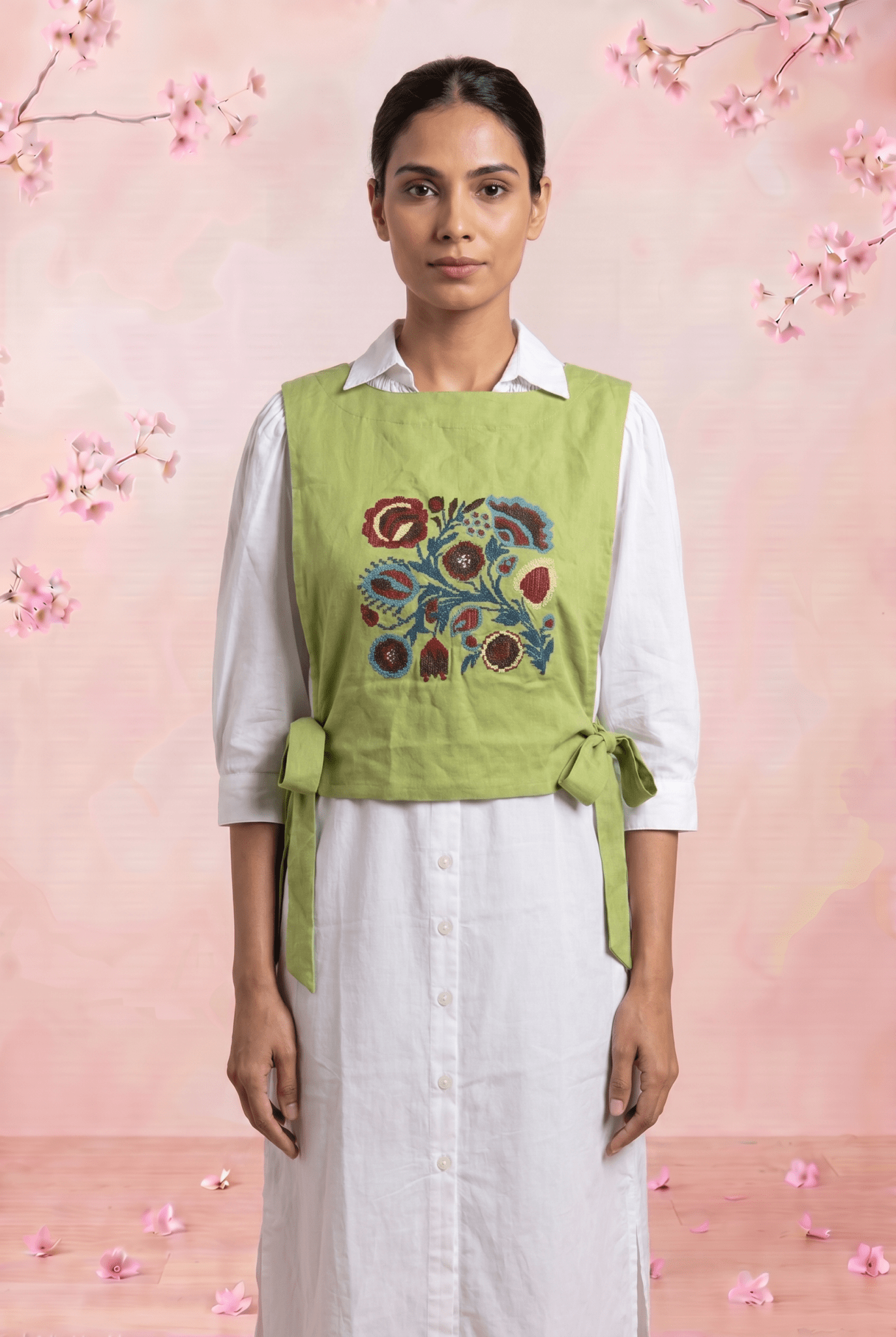 Olive Crossloom Floral Embroidery With Side Knot Overtop - Western Era Tops for women