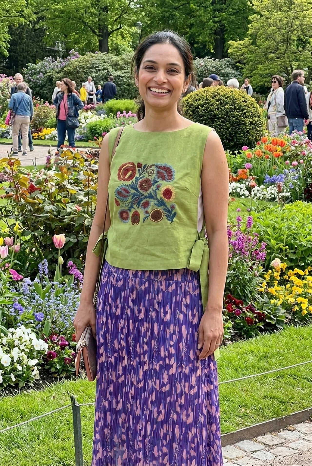 Olive Crossloom Floral Embroidery With Side Knot Overtop - Western Era Tops for women