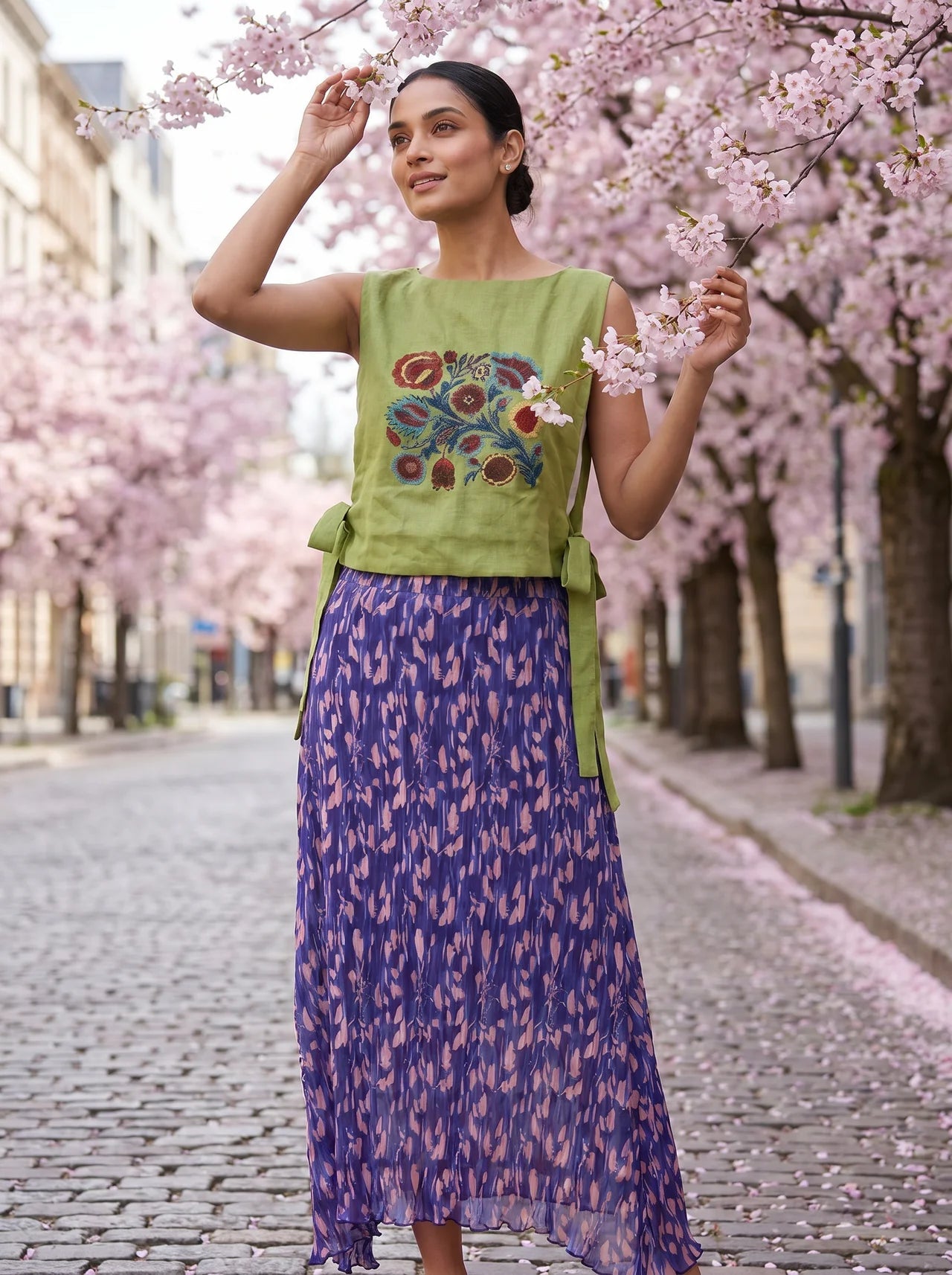 Olive Crossloom Floral Embroidery With Side Knot Overtop - Western Era Tops for women