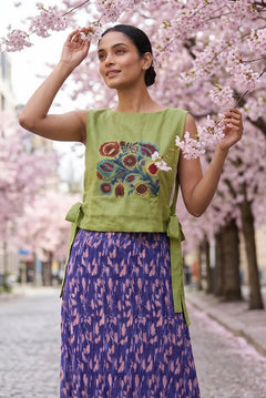 Olive Crossloom Floral Embroidery With Side Knot Overtop - Western Era Tops for women