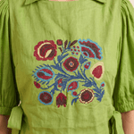 Olive Crossloom Floral Embroidery With Side Knot Overtop - Western Era Tops for women