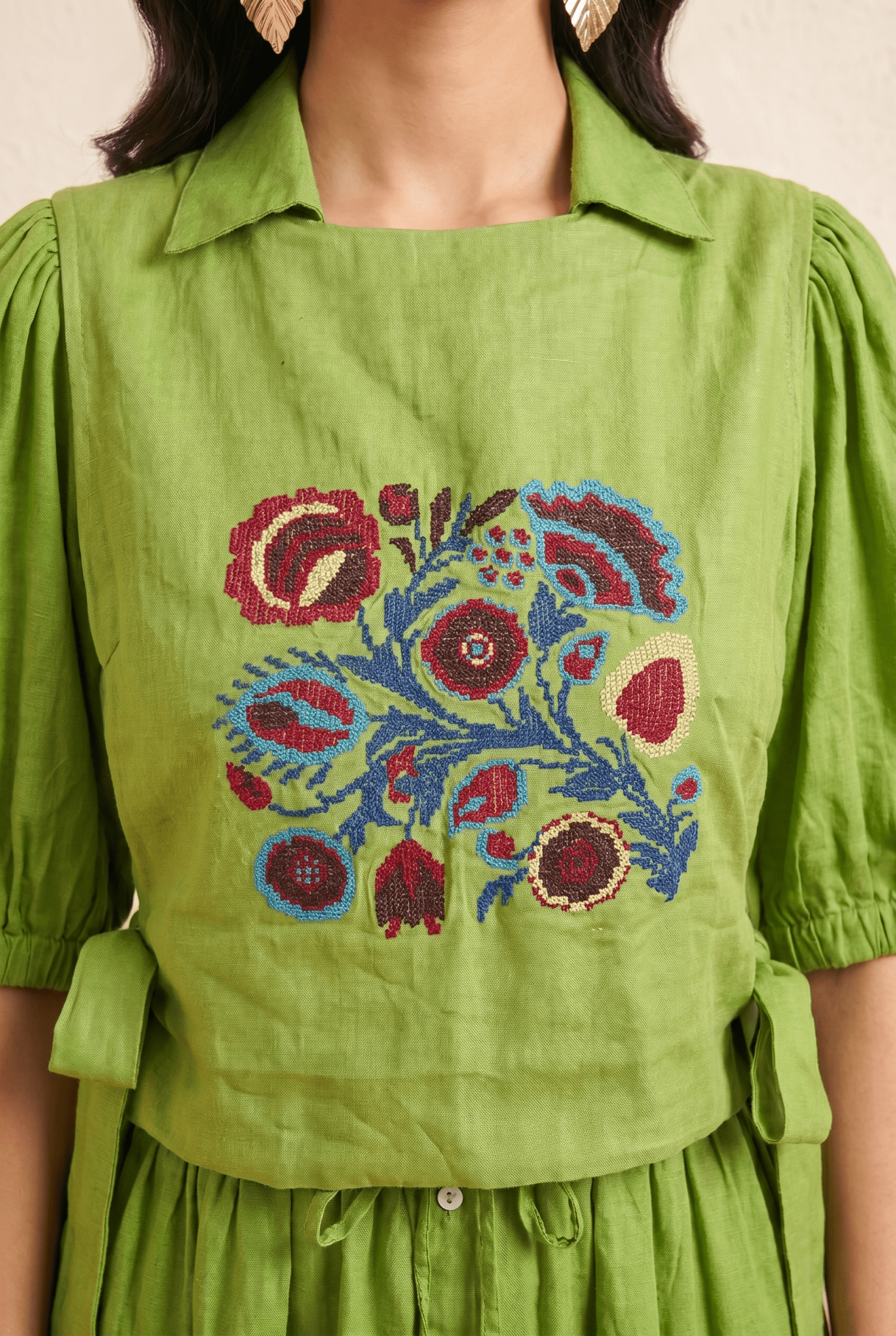Olive Crossloom Floral Embroidery With Side Knot Overtop - Western Era Tops for women