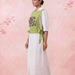 Olive Crossloom Floral Embroidery With Side Knot Overtop - Western Era Tops for women