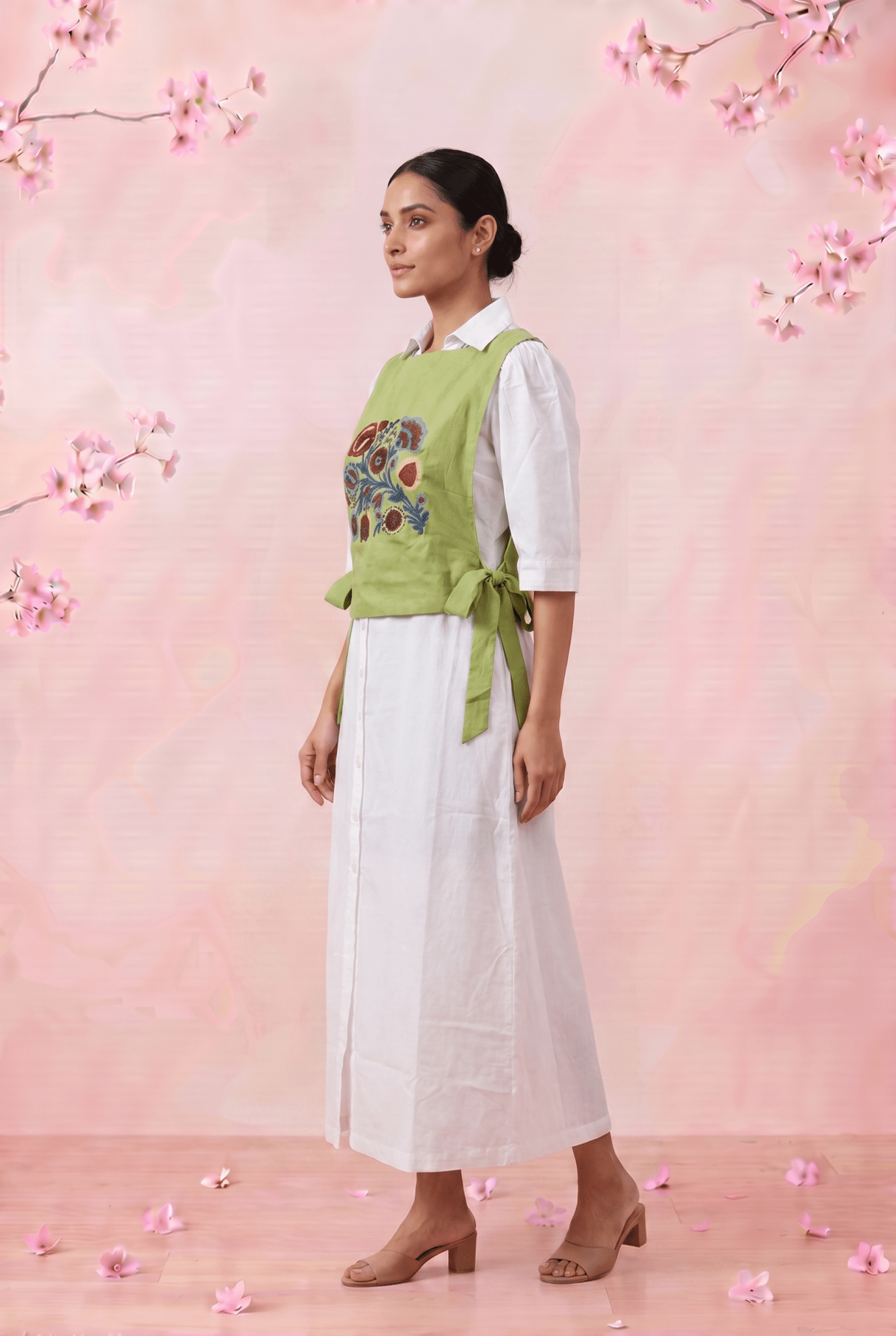 Olive Crossloom Floral Embroidery With Side Knot Overtop - Western Era Tops for women