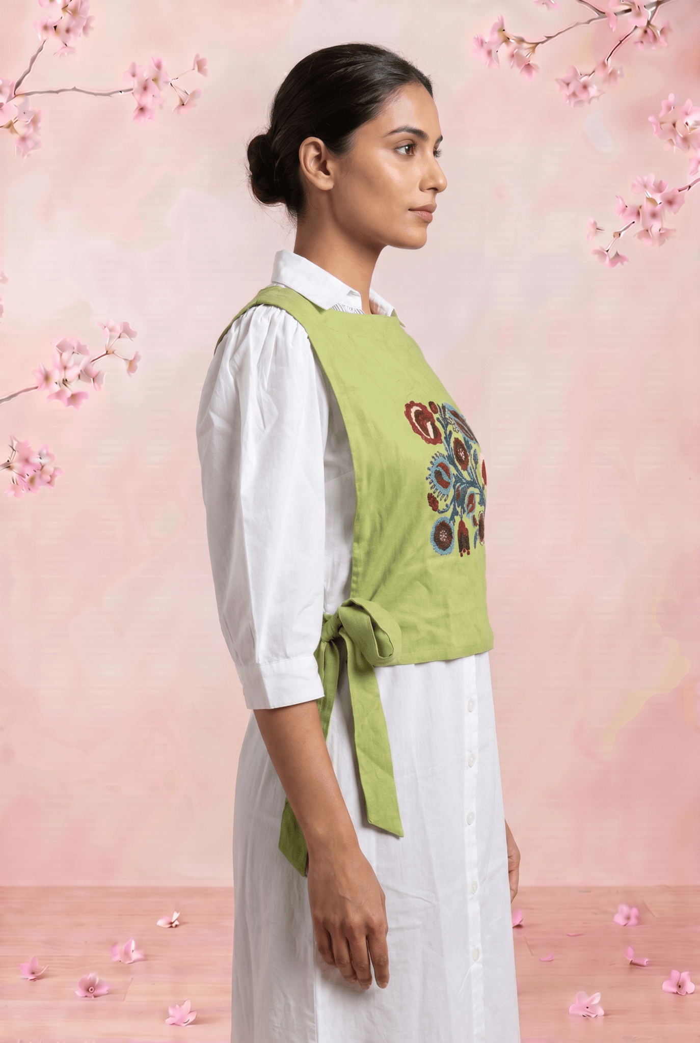 Olive Crossloom Floral Embroidery With Side Knot Overtop - Western Era Tops for women